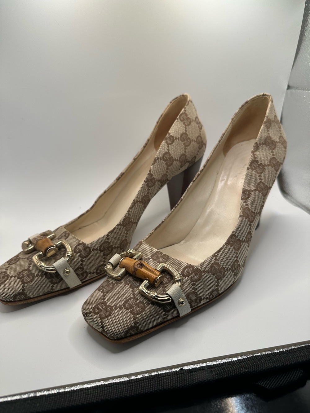Gucci Beige Monogram Cone Heel Pumps